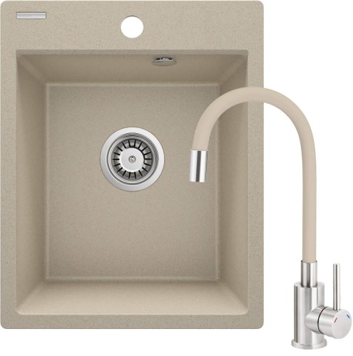 Zlewozmywak granitowy z baterią 1-komorowy piaskowy Corio Deante