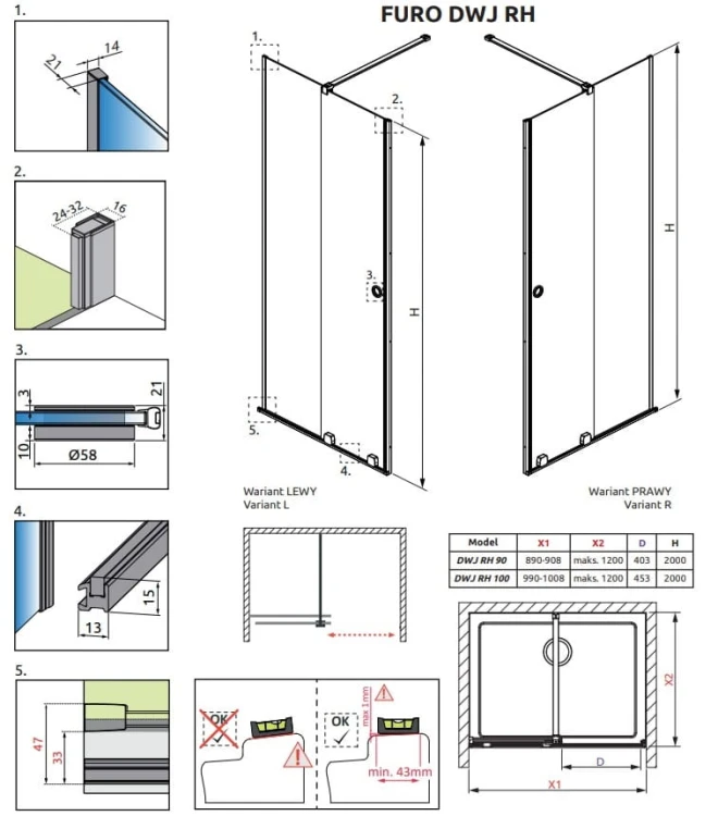 Drzwi prysznicowe Furo DWJ RH 100x200 Radaway prawe