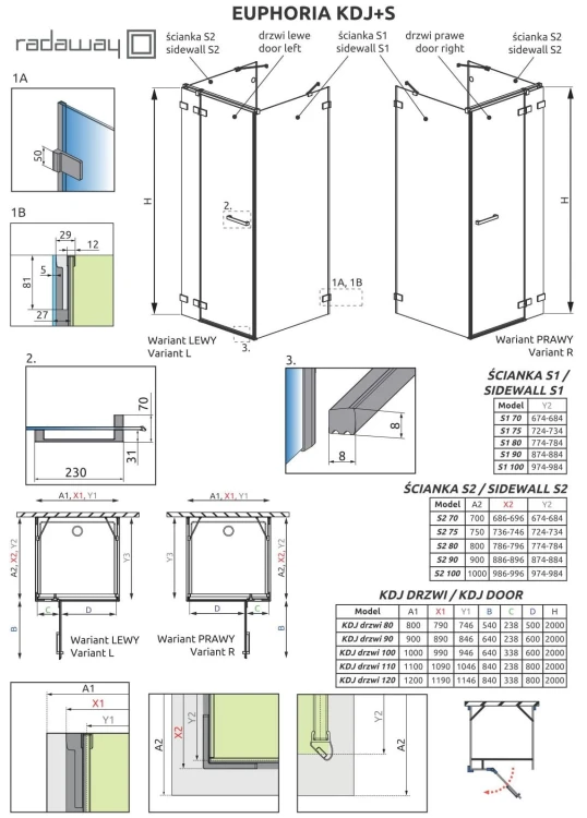 Kabina prostokątna Radaway Euphoria KDJ+S 110x90x200 lewa, szkło przejrzyste