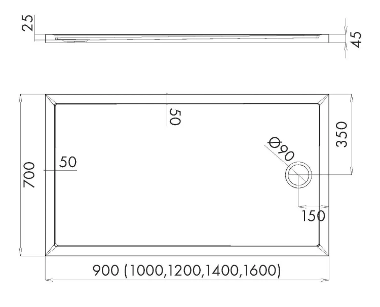 Brodzik prostokątny Sharper 70x90 Schedline, biały - odpływ krótszy bok