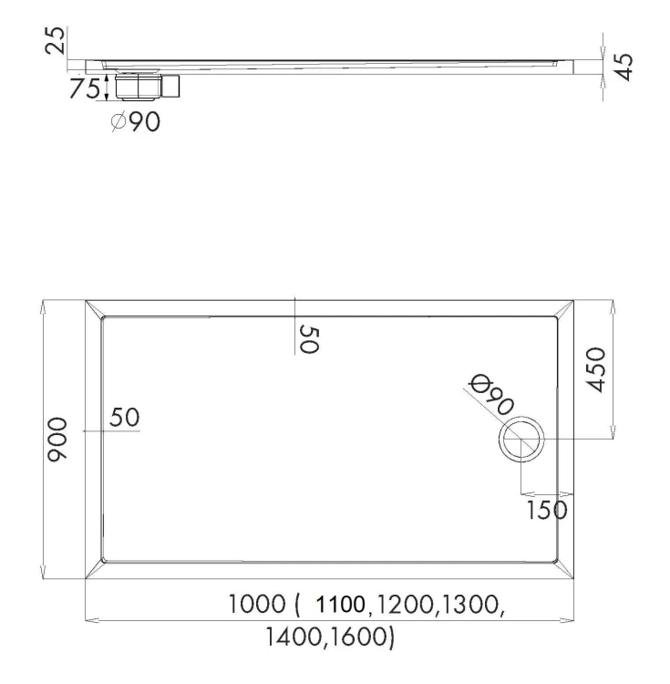 Brodzik prostokątny Sharper 90x140 Schedline, biały - odpływ krótszy bok