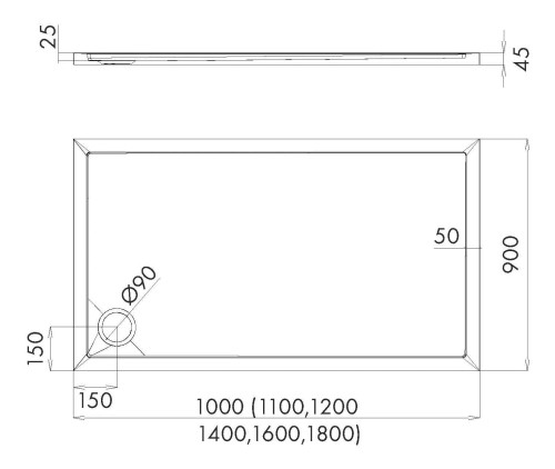 Brodzik prostokątny Sharper 90x180 Schedline, biały