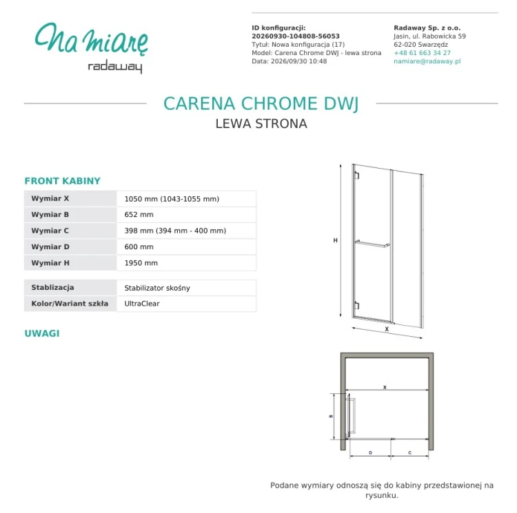 Drzwi prysznicowe Radaway Carena DWJ 105x195 lewe UltraClear