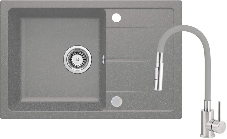 Zlewozmywak granitowy z baterią szary metalik Leda Deante