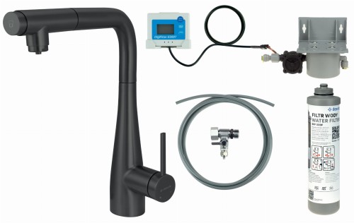 Bateria kuchenna z zestawem do filtracji wody  z wyciąganą wylewką