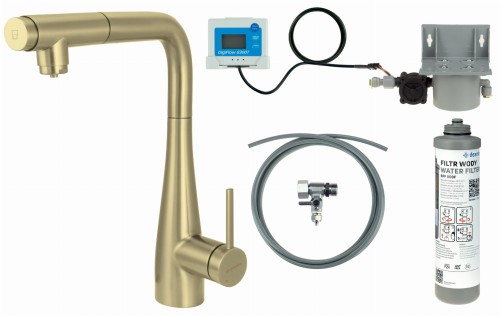 Bateria kuchenna z zestawem do filtracji wody  z wyciąganą wylewką