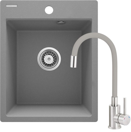 Zlewozmywak granitowy z baterią 1-komorowy szary metalik Corio Deante