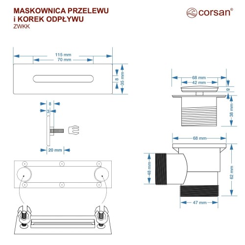 Zestaw wannowy - korek klik klak z maskownicą szczotkowane złoto