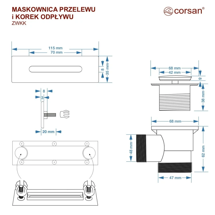 Zestaw wannowy - korek klik klak z maskownicą szczotkowane złoto