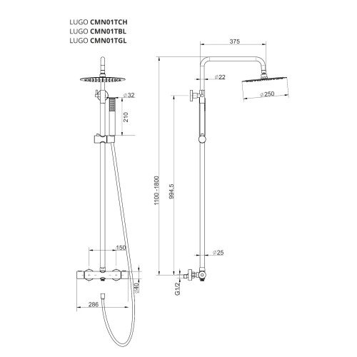 Zestaw natryskowy z termostatem kolumna corsan lugo deszczownica 25cm złoto szczotkowane