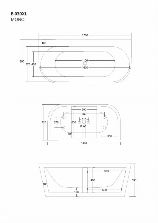 Wanna przyścienna wolnostojąca corsan e030 mono 170 cm z szeroką krawędzią i wykończeniem chrom