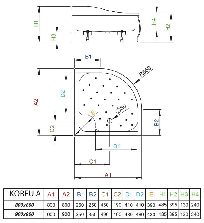 Brodzik głęboki półokrągły Radaway Korfu A 90x90x39,5x24