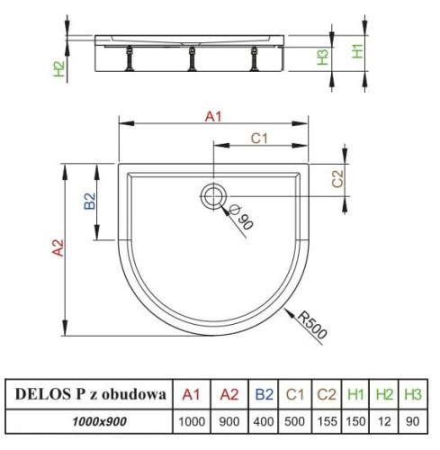Brodzik przyścienny Radaway Delos P z obudową 100x90x15x1,2
