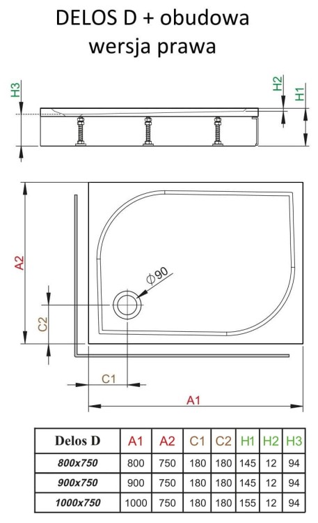 Brodzik prostokątny Radaway Delos D z obudową 80x75 prawy