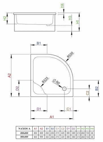 Brodzik głęboki półokrągły Radaway Naxos A 80x80x41x26