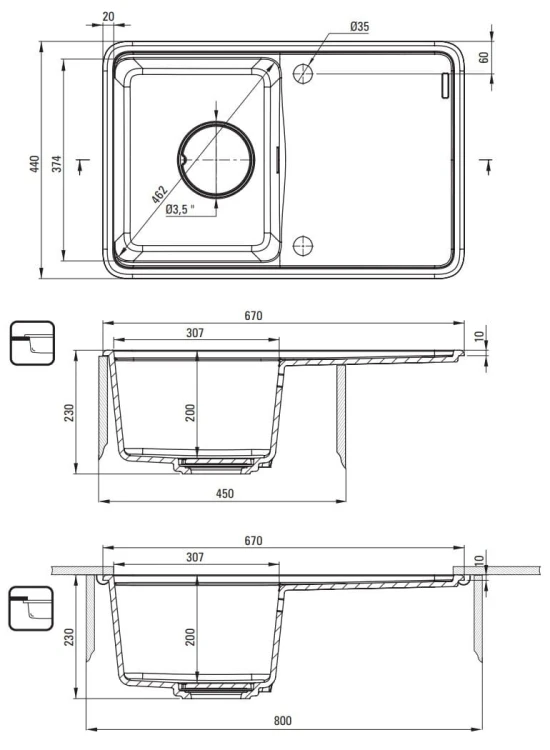 Zlewozmywak granitowy 1-komorowy ociekacz antracyt metalik Momi Deante