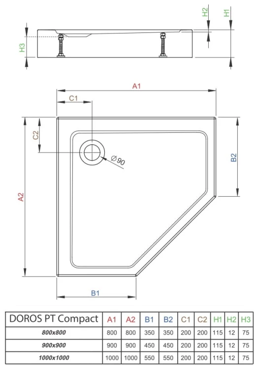 Brodzik pięciokątny Radaway Doros PT Compact 80x80x11,5x1,2