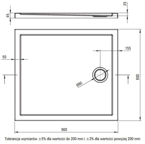 Brodzik akrylowy prostokątny biały 90x80 Prizma Deante