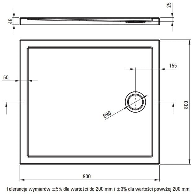 Brodzik akrylowy prostokątny biały 90x80 Prizma Deante