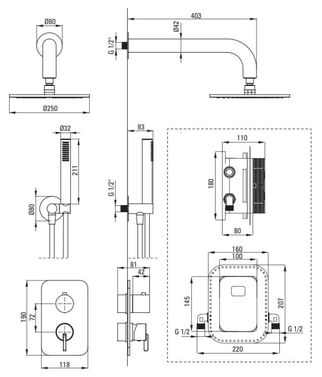 Zestaw prysznicowy podtynkowy z BOXem Silia Deante stal szczotkowana