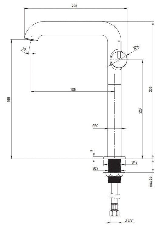 Bateria umywalkowa z prostokątna wylewką wysoka Silia Deante  stal szczotkowana