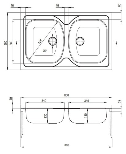 Zlewozmywak 2-komorowy bez ociekacza Tango Deante
