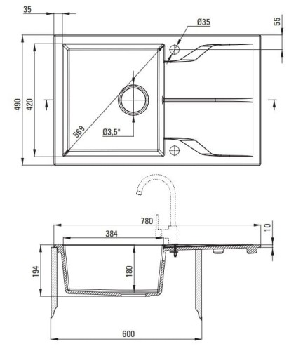 Zlewozmywak granitowy z baterią 1-komorowy z ociekaczem Andante Deante
