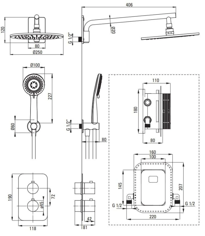 Zestaw prysznicowy podtynkowy z BOXem termostatycznym titanium Deante