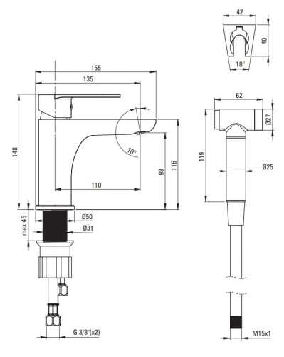Bateria umywalkowa ze słuchawką typu bidetta Deante Alpinia