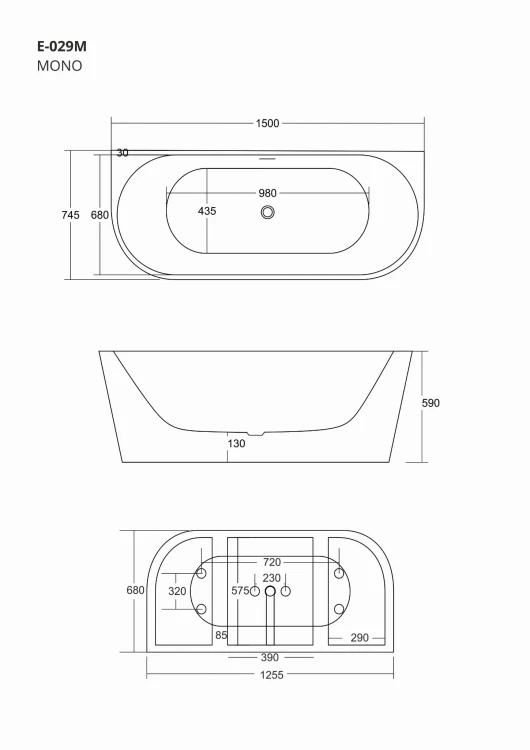 Wanna przyścienna wolnostojąca corsan e029 mono 150 cm z wykończeniem czarnym