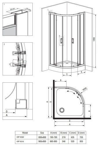 Kabina półokrągła 80x80x185 Funkia Deante szkło przejrzyste