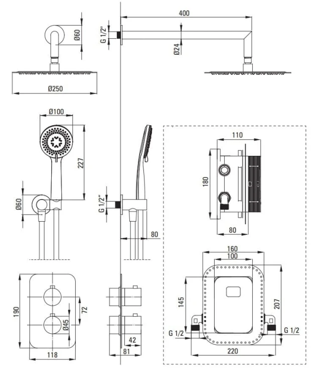 Zestaw prysznicowy z BOXem termostatycznym Deante stal szczotkowana