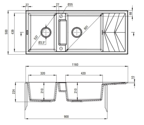 Zlewozmywak granitowy magnetyczny 2-komorowy z ociekaczem Magnetic Deante