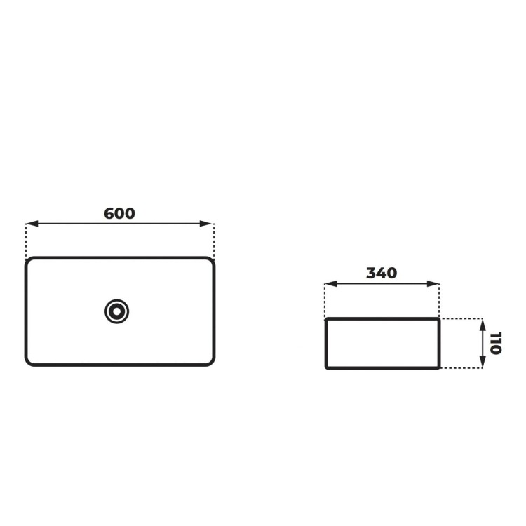 Umywalka nablatowa ango prostokątna 600x340x110 mm z korkiem białym