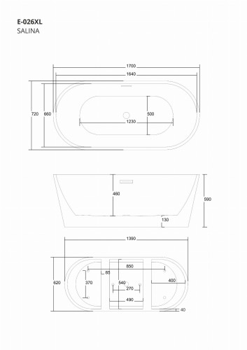 Wanna wolnostojąca corsan e026 salina 170 cm z wykończeniem czarnym