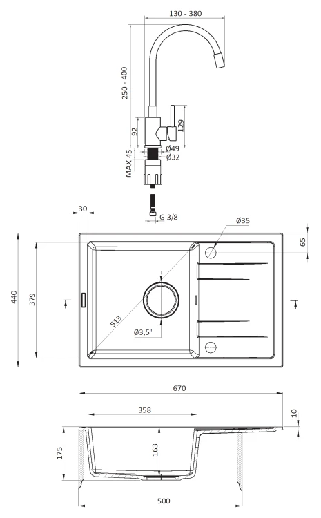 Zlewozmywak granitowy z baterią 1kom ociek szary metalik Corio Deante