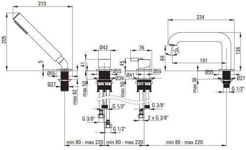 Bateria wannowa 4-otworowa Silia Deante stal szczotkowana