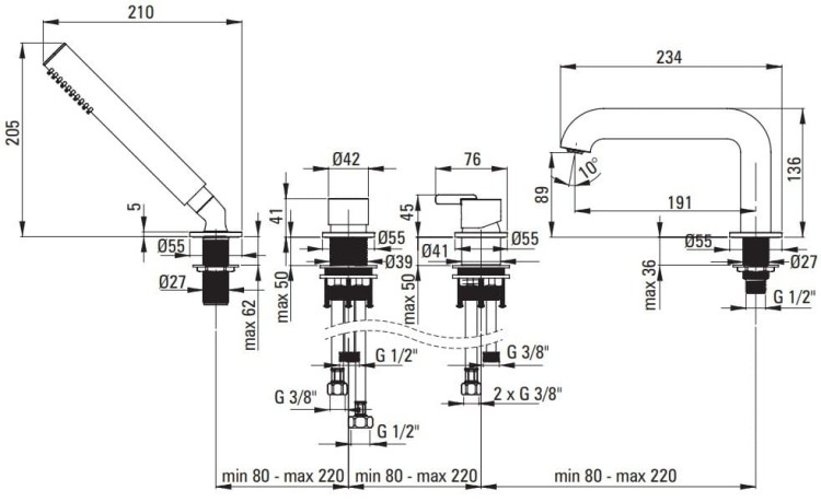 Bateria wannowa 4-otworowa Silia Deante stal szczotkowana