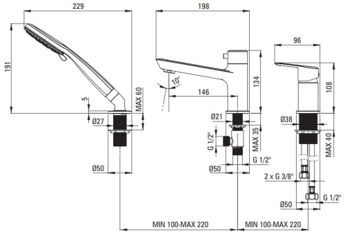 Bateria wannowa 3-otworowa Arnika Deante złoto szczotkowane