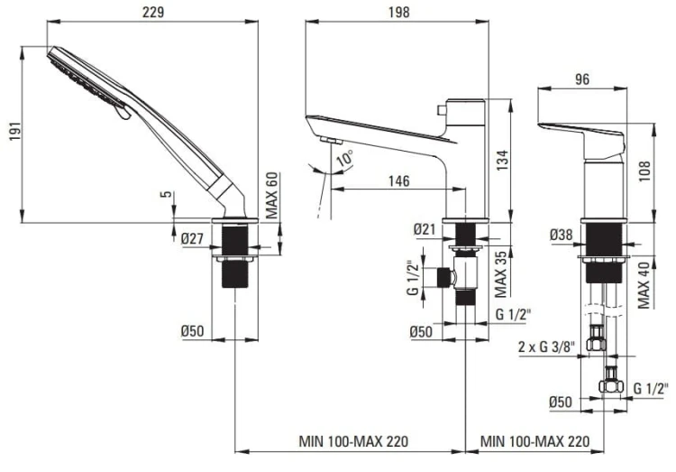Bateria wannowa 3-otworowa Arnika Deante złoto szczotkowane