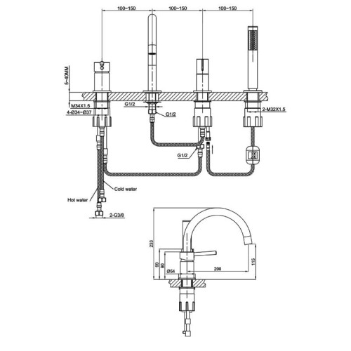 Bateria wannowa 4- otworowa Orion Brushed Gold Lavita