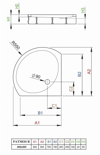 Brodzik półokrągły Radaway Patmos B 90x90x16x2