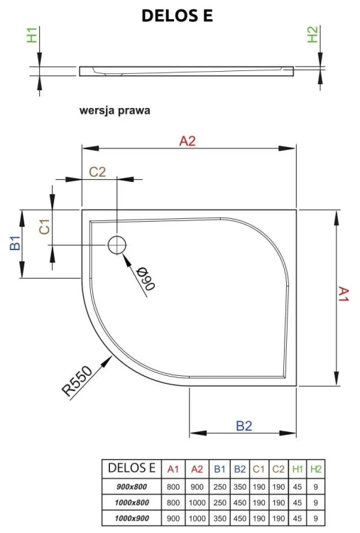 Brodzik asymetryczny Radaway Delos E 100x80x4,5 prawy