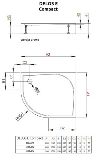 Brodzik asymetryczny Radaway Delos E Compact 100x90x11,5 prawy