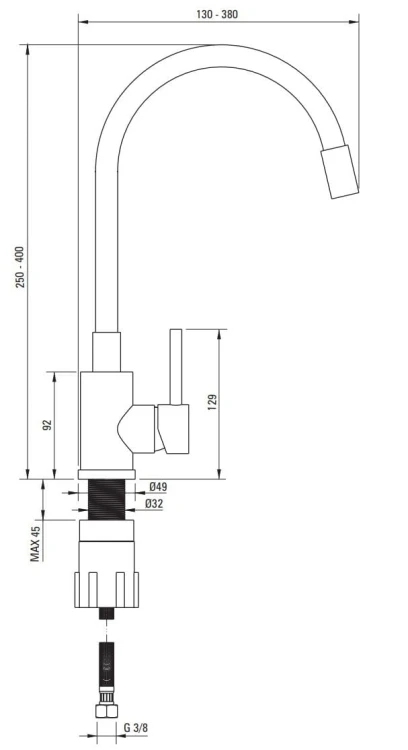 Bateria kuchenna z giętą wylewką Luno Deante titanium stal