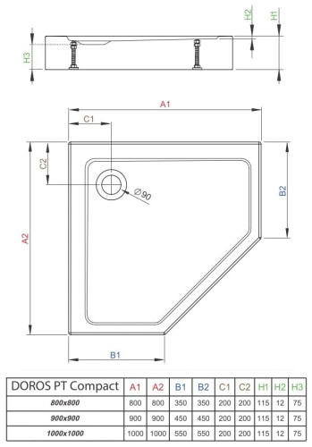 Brodzik pięciokątny Radaway Doros PT Compact 100x100x11,5x1,2