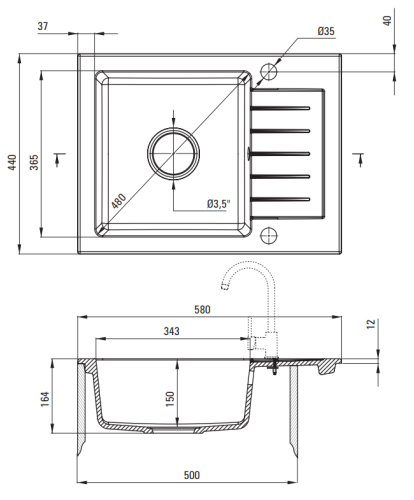 Zlewozmywak granitowy z baterią 1-komorowy z ociekaczem Zorba Deante
