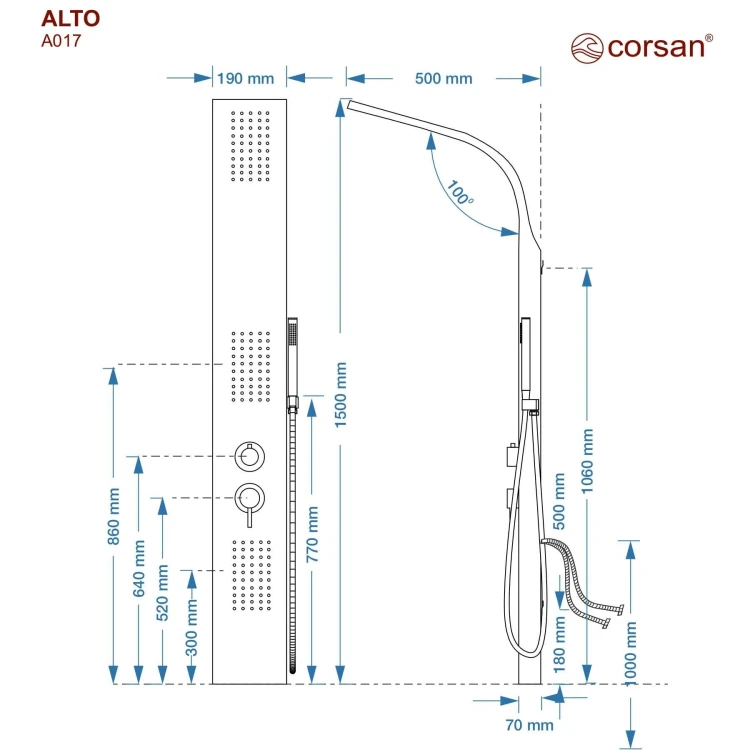 Panel prysznicowy corsan alto termostat srebrny