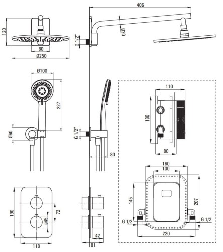 Zestaw prysznicowy podtynkowy z BOXem termostatycznym złoty Deante