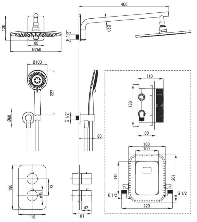 Zestaw prysznicowy podtynkowy z BOXem termostatycznym złoty Deante